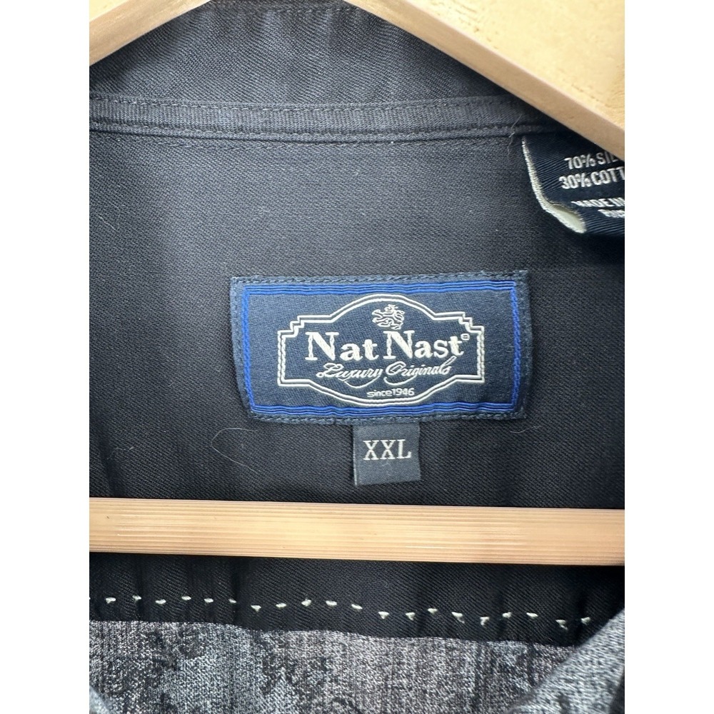 Nat Nast Shirt Mens XXL Gray Black Hawaiian Palm Trees Silk Button Up Camp - Picture 7 of 8